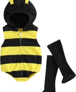 Newborn Baby Halloween Costumes Boy Girl Sleeveless Cartoon Bee Hooded Rompers Outfits with Socks - 1