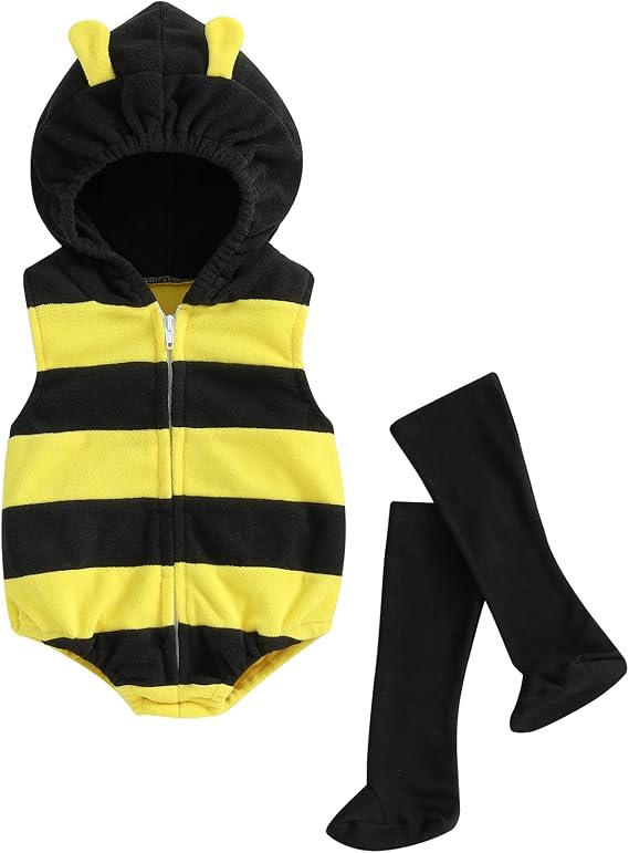 Newborn Baby Halloween Costumes Boy Girl Sleeveless Cartoon Bee Hooded Rompers Outfits with Socks - 1