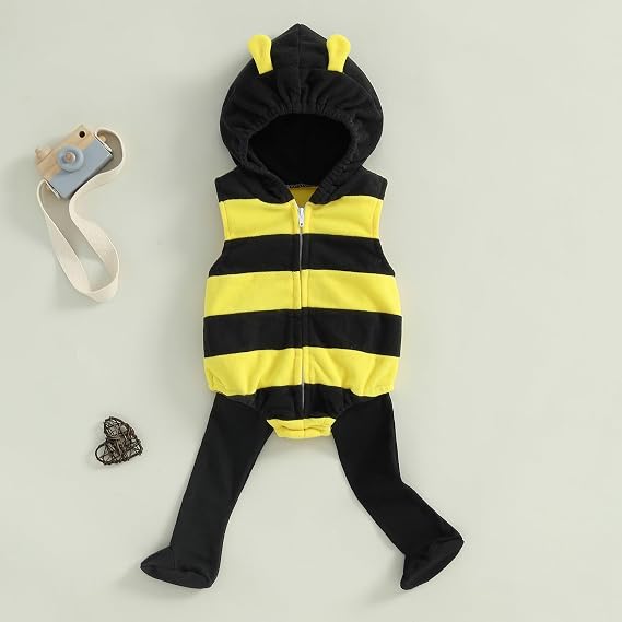 Newborn Baby Halloween Costumes Boy Girl Sleeveless Cartoon Bee Hooded Rompers Outfits with Socks - Image 3