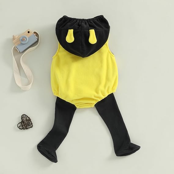 Newborn Baby Halloween Costumes Boy Girl Sleeveless Cartoon Bee Hooded Rompers Outfits with Socks - Image 4